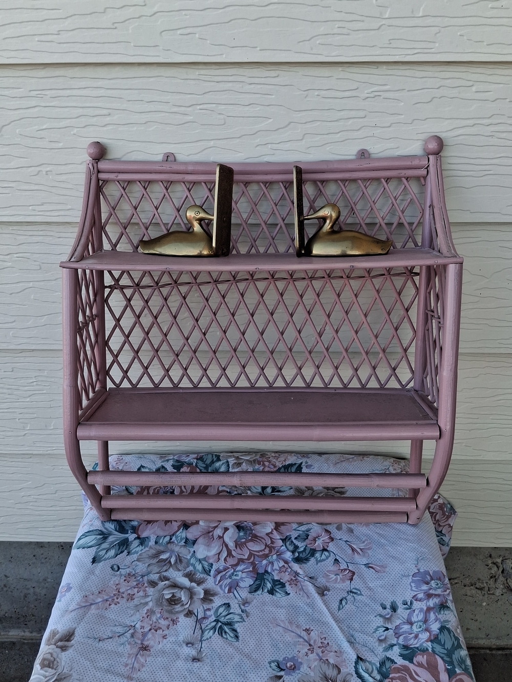 Vintage Pink Woven Wicker / wood Shelf Wall Mounted Rattan Mid Century Modern